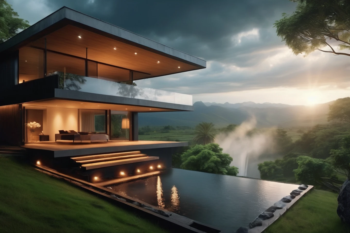 Unparalleled masterpiece, (photorealistic:1.4), best quality, beautiful lighting, (hot spring), (extremely detailed 8k wallpaper), full shot landscape photo of the most beautiful artwork in the world, cloudy sky background lush landscape house and trees illustration concept art