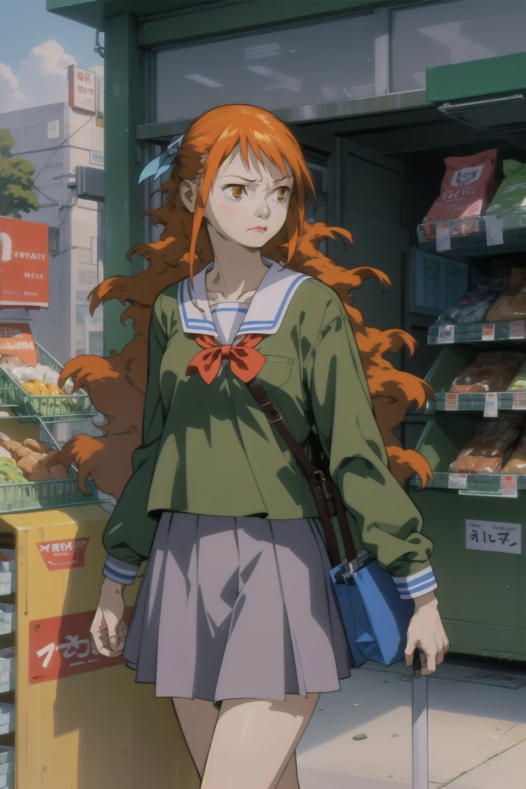 <lora:momomi-000038:1>, momomi, 
serafuku, green shirt, skirt, groceries, convenience store, walking, pout, 
1girl, solo, cowboy shot