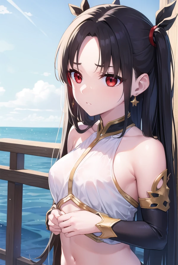 ishtar, <lora:ishtar-lora-nochekaiser:1>, 
ishtar, ahoge, black bow, bow, black hair, earrings, hair bow, hair ornament, jewelry, long hair, (red eyes:1.5), (parted bangs:1.5), (small breast:1.2),
BREAK bare shoulders, elbow gloves, fingerless gloves, gloves, long sleeves, revealing clothes, single elbow glove, thighs,
BREAK outdoors, space, star \(sky\), sky,
BREAK looking at viewer, cowboy shot,
BREAK <lyco:GoodHands-beta2:1>, (masterpiece:1.2), best quality, high resolution, unity 8k wallpaper, (illustration:0.8), (beautiful detailed eyes:1.6), extremely detailed face, perfect lighting, extremely detailed CG, (perfect hands, perfect anatomy),