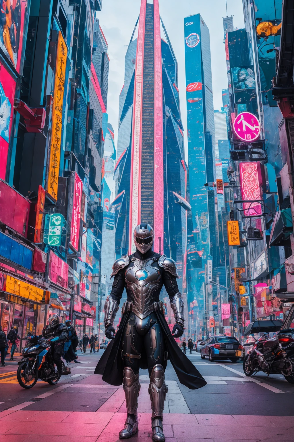 <lora:hades_armor_v4:1>
Produce a high-resolution masterpiece featuring a magnificent man in a hadesarmor striking an artistic and heroic pose. The character should be meticulously detailed, showcasing intricate armor design. In the background, create a sprawling cyberpunk cityscape, filled with neon lights, futuristic skyscrapers, and bustling urban life. Capture the essence of both the character's strength and the vibrant, high-tech city that surrounds them, crafting a visually captivating and awe-inspiring scene