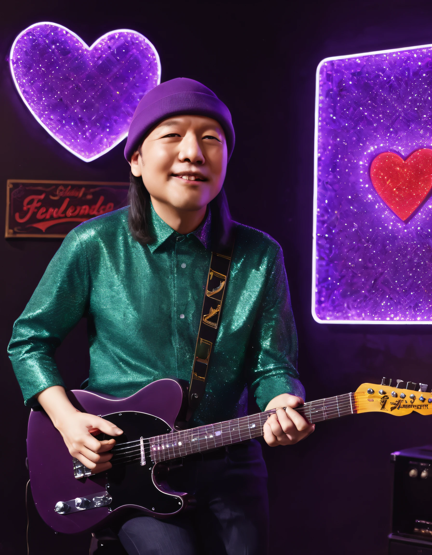 geometric and lyrical abstraction painting presenting a sparkling man in a sparkly green knit cap and purple shirt playing a sparkly metal flake Fender Telecaster electric guitar under sparkling heart-shaped neon signs. oil on metal. best quality, high resolution', 'a sparkling man in a sparkly green knit cap and purple shirt playing a sparkly metal flake Fender Telecaster electric guitar under sparkling heart-shaped neon signs, intricate, elegant. highly detailed, digital painting, artstation, concept art, smooth, sharp, focus, illustration.. art by artgerm and greg rutkowski and alphonse mucha <lora:TatsuroYamashita:0.83>