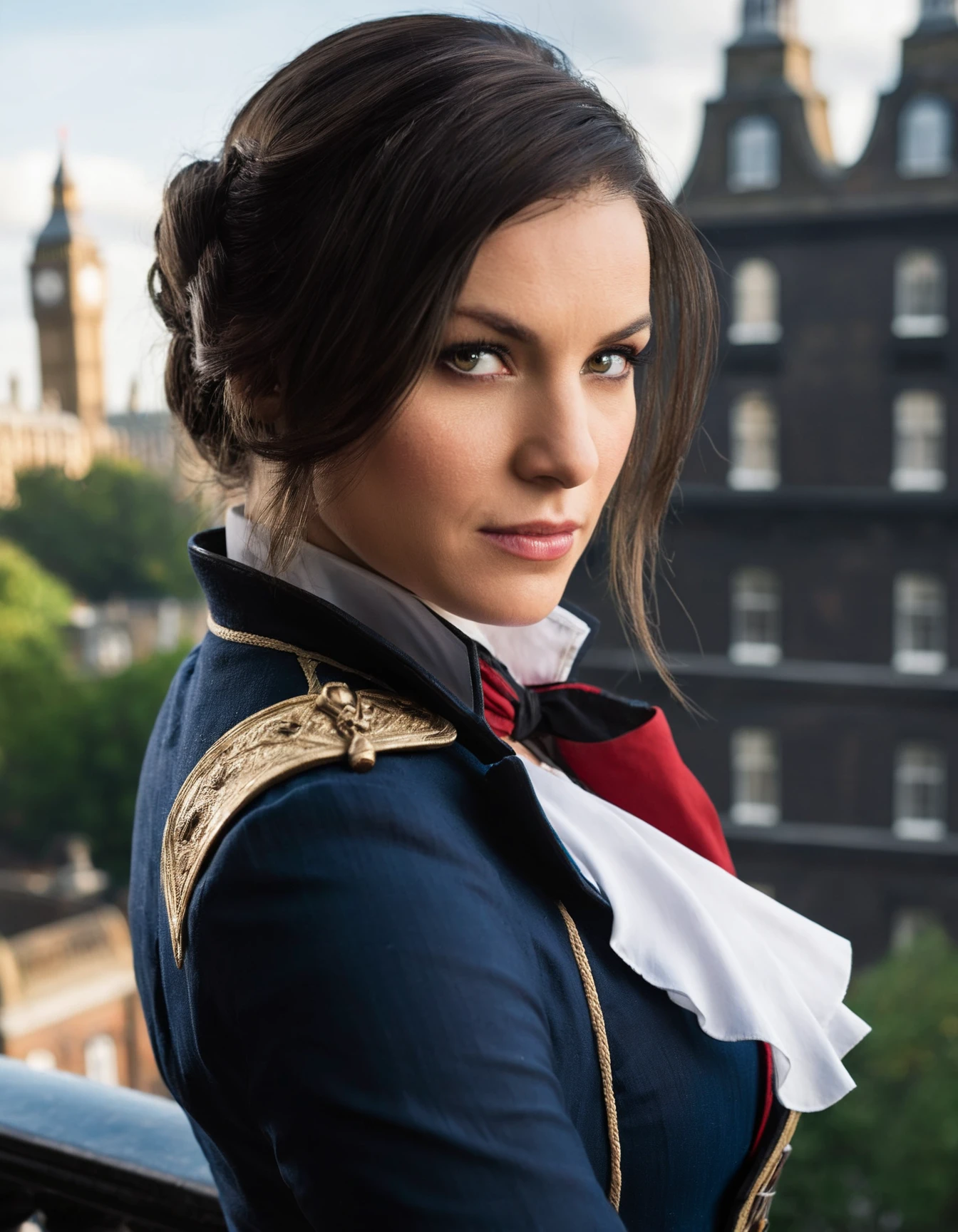 cinematic photo a watchful (woman) As Evie Frye from Assassin's Creed Syndicate, overlooking Victorian London, her hidden blade at the ready., Hair neatly tied, reflecting her strategic mindset and dedication to the Assassin's cause., . 35mm photograph, film, bokeh, professional, 4k, highly detailed