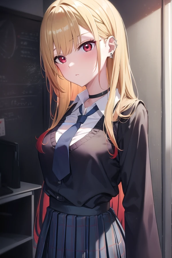 marinkitagawa, <lora:marinkitagawa-lora-nochekaiser:1>, 
marin kitagawa, blonde hair, choker, ear piercing, earrings, long hair, piercing, (red eyes:1.5), straight hair, swept bangs,
BREAK black necktie, long sleeves, pleated skirt, school uniform, shirt, skirt, sleeves rolled up, white shirt, cleavage,
BREAK indoors, classroom,
BREAK looking at viewer, (cowboy shot:1.5),
BREAK <lyco:GoodHands-beta2:1>, (masterpiece:1.2), best quality, high resolution, unity 8k wallpaper, (illustration:0.8), (beautiful detailed eyes:1.6), extremely detailed face, perfect lighting, extremely detailed CG, (perfect hands, perfect anatomy),