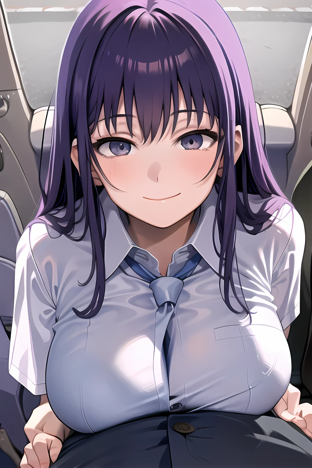 masterpiece, best quality, ultra-detailed,  deepthroat, fellatio, oral, 1boy, 1girl,  frederica bernkastel, purple eyes, purple hair, long hair, purple bow, dress,  pov