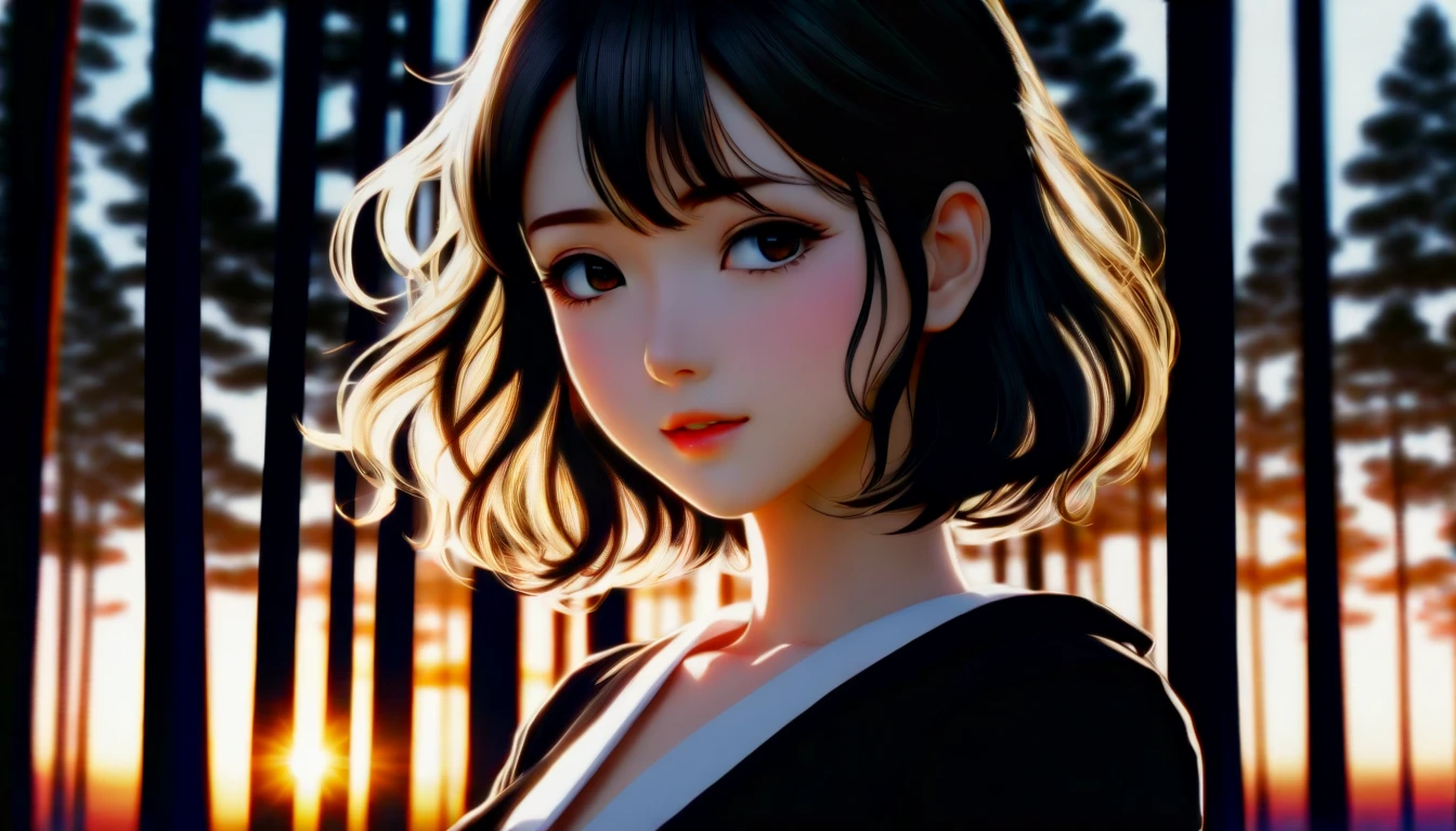 (Gorgeous manga:1.3) of (Ultra detailed manga:1.3), 8k, masterpiece, ((ultra detailed:1.1)),masterpiece, best quality, ultra high res, beautiful, visually stunning, elegant, incredible details, world, 1girl, (black background:1.2), simple background, dynamic pose, sunset, forest, trees, scenery, close up to face