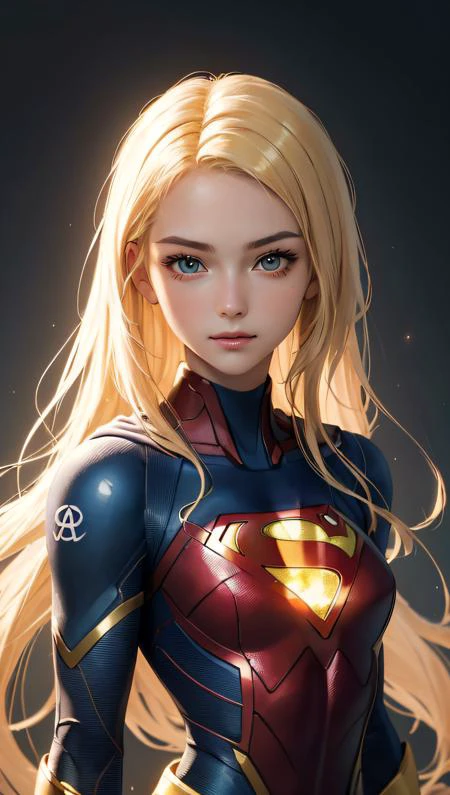 (best quality, masterpiece, perfect face) beautiful golden hair, 18 years old girl, medium tits, super girl suit cosplay (glowing S symbol), flirting on camera