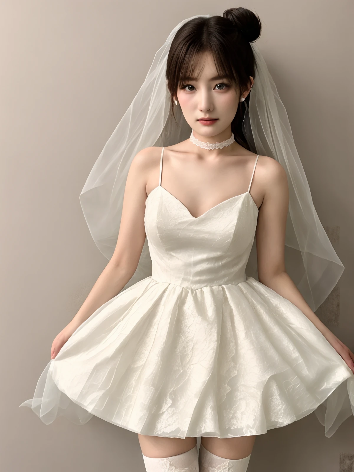 masterpiece, best quality, 1girl, solo , cowboy shot, choker, wedding dress, bridal veil, slim, simple background, hair bun, blush,lace thighhighs, makeup, standing
<lora:llz_v1-000009:0.72>