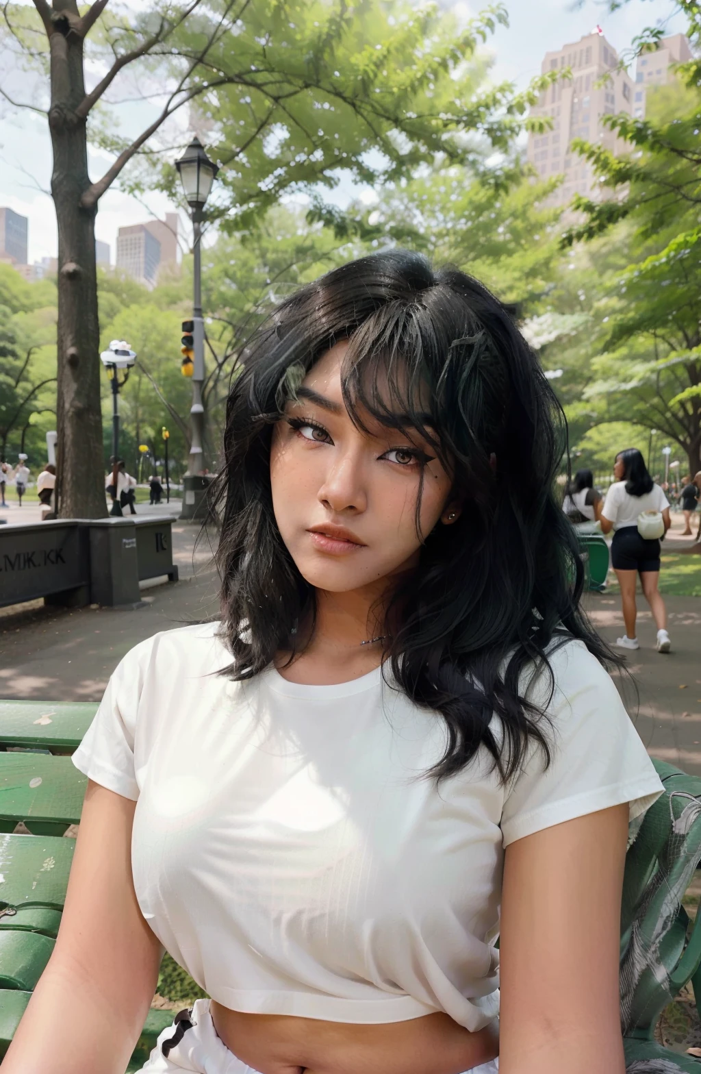 uniquesora, 1girl, waist up, black hair, makeup+eyeliner, thick eyebrows, eyeliner, dark-skinned female, very dark skin, facing_viewer, detailed face+black eyes:1.3, closed mouth, wearing white tshirt and shorts, outdoors, background: park bench in central park newyork, <lora:Unique-sora:1>