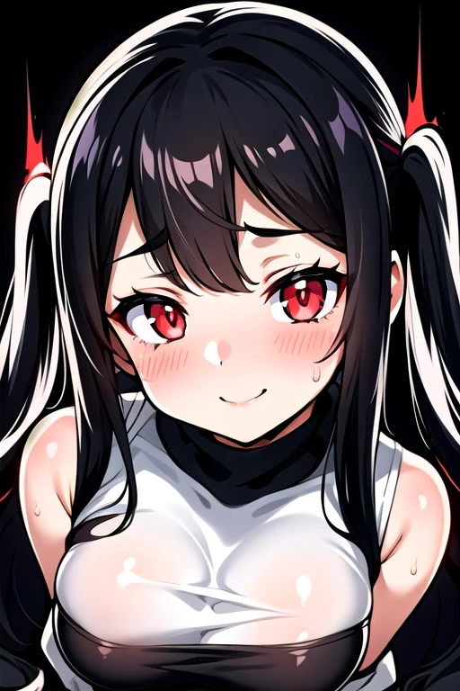 (portrait), girl, solo, 1girl, soft light, soft lighning, twin tails, long hair, black hair, red eyes, eyes glow effect, shy, emberrased, sweating, wet cloths, medium breasts, smiling, black pullover, oversized pullover, from above