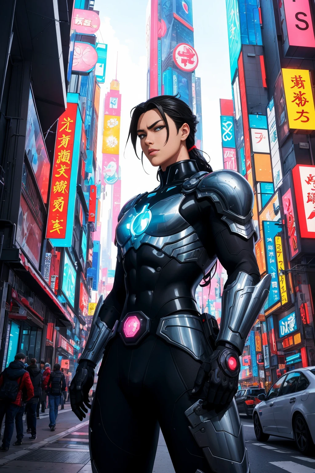 <lora:hades_armor_v4:1>
Produce a high-resolution masterpiece featuring a magnificent man in a hadesarmor striking an artistic and heroic pose. The character should be meticulously detailed, showcasing intricate armor design. In the background, create a sprawling cyberpunk cityscape, filled with neon lights, futuristic skyscrapers, and bustling urban life. Capture the essence of both the character's strength and the vibrant, high-tech city that surrounds them, crafting a visually captivating and awe-inspiring scene. Render all the scene in hand drawing manga in the style of japanese animation and studio ghibli