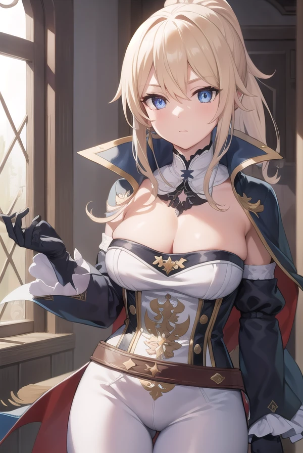 jeangunnhildr, <lora:jeangunnhildrv0.5-lora-nochekaiser:1>,
jean, blonde hair, blue eyes, hair between eyes, medium hair, ponytail,
BREAK black gloves, blue capelet, capelet, cleavage, corset, detached sleeves, gloves, pants, strapless, (white pants:1.5),
BREAK indoors, castle,
BREAK looking at viewer, (cowboy shot:1.5),
BREAK <lyco:GoodHands-beta2:1>, (masterpiece:1.2), best quality, high resolution, unity 8k wallpaper, (illustration:0.8), (beautiful detailed eyes:1.6), extremely detailed face, perfect lighting, extremely detailed CG, (perfect hands, perfect anatomy),