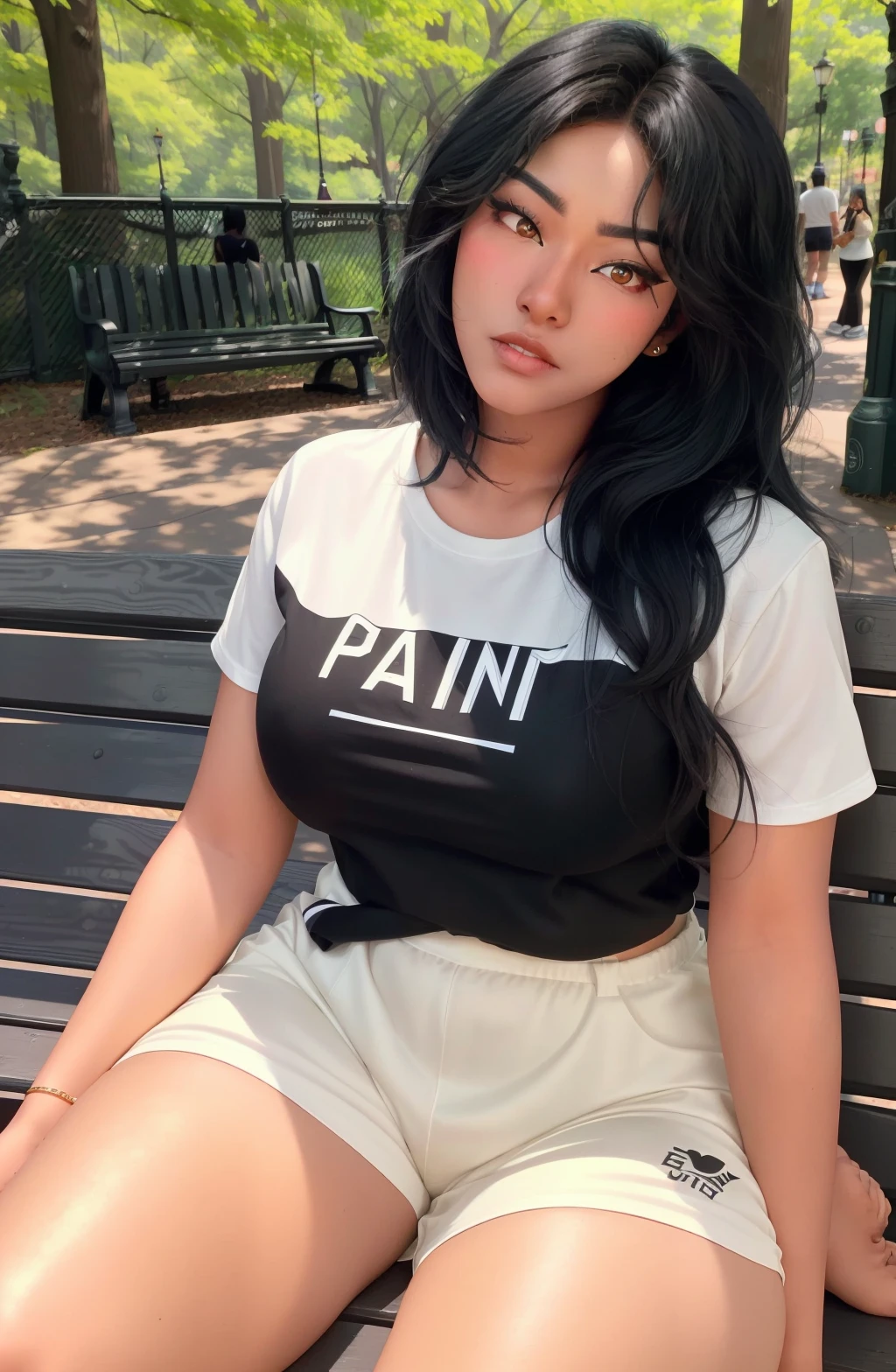 uniquesora, 1girl, waist up, black hair, makeup+eyeliner, thick eyebrows, eyeliner, dark-skinned female, very dark skin, facing_viewer, detailed face+black eyes:1.3, closed mouth, wearing white tshirt and shorts, outdoors, background: park bench in central park newyork, <lora:Unique-sora:1>