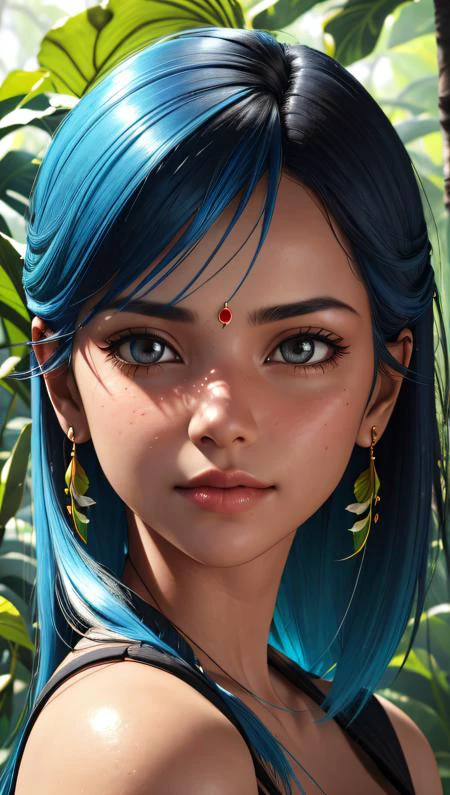(best quality, masterpiece, perfect face, beautiful and aesthetic:1.2, colorful, dynamic angle, highest detailed face) indian girl with blue hair, in lush jungle with flowers, 35mm, bokeh, 9:16, (intricate details, hyperdetailed:1.15), detailed, sunlight passing through hair (high contrast, official art, extreme detailed, highest detailed),