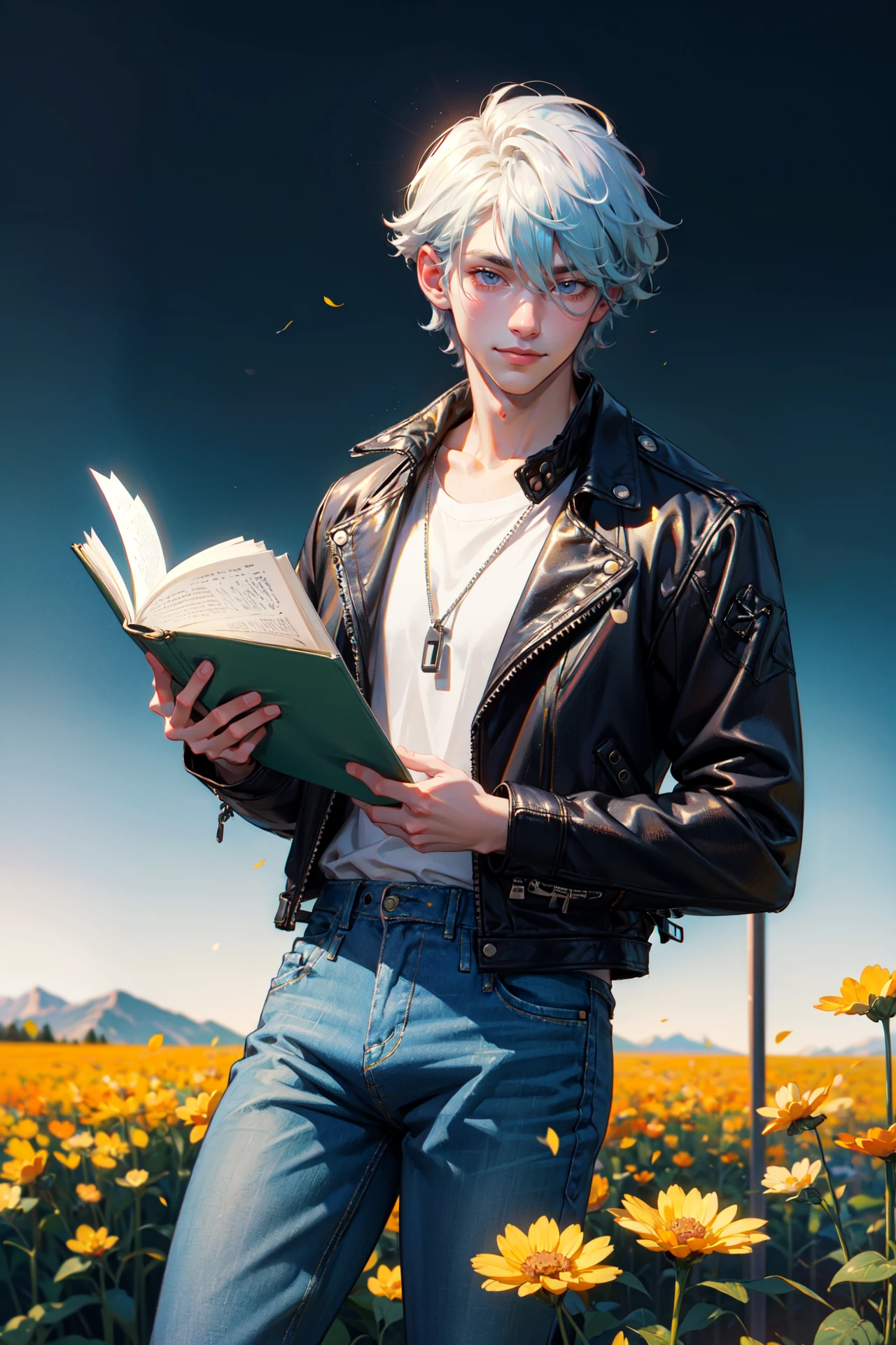 ((best quality, masterpiece, absurbres, super-resolution)) 1male, cool and cute boyfriend,, leather jacket, jeans, pastel hair, half body close up, flower field, reading