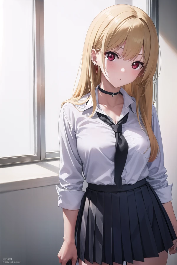 marinkitagawa, <lora:marinkitagawa-lora-nochekaiser:1>,
marin kitagawa, blonde hair, choker, ear piercing, earrings, long hair, piercing, (red eyes:1.5), straight hair, swept bangs,
BREAK black necktie, long sleeves, pleated skirt, school uniform, shirt, skirt, sleeves rolled up, white shirt, cleavage,
BREAK indoors, classroom,
BREAK looking at viewer, (cowboy shot:1.5),
BREAK <lyco:GoodHands-beta2:1>, (masterpiece:1.2), best quality, high resolution, unity 8k wallpaper, (illustration:0.8), (beautiful detailed eyes:1.6), extremely detailed face, perfect lighting, extremely detailed CG, (perfect hands, perfect anatomy),