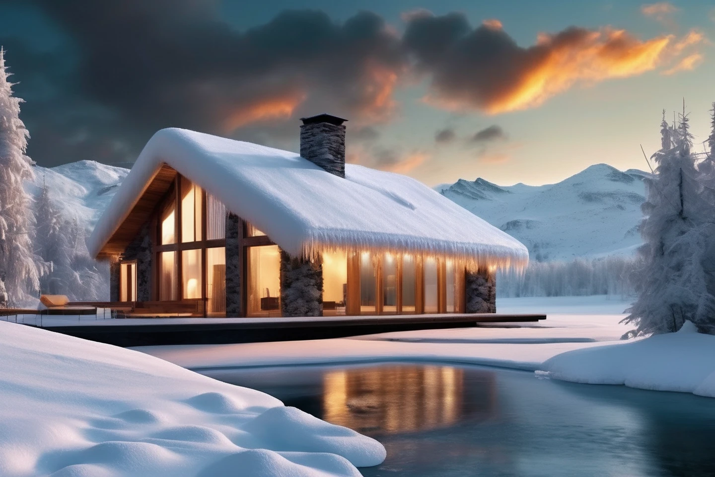 Unparalleled masterpiece, (photorealistic:1.4), best quality, beautiful lighting, (hot spring), (extremely detailed 8k wallpaper), full shot landscape photo of the most beautiful artwork in the world, winter wonderland, snow, ice, cloudy sky background lush landscape house and trees illustration concept art