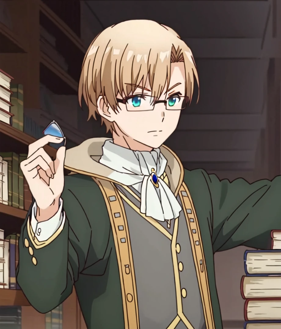 Ludwig, solo, 1boy, glasses, hand on glasses, library, books
<lora:tearmoon_ep01_lohad8_attn-mlp:0.9:0.95>
