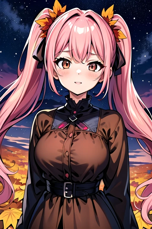 masterpiece, 4k, high quality, highly detailed, detailed face, HDR, vivid colors, natural lighting, amazing background, night sky, star \(sky\), autumn, autumn leaves, wind, 1girl, upper body, oversized clothes, medium breasts, long hair, twintails, pink hair, happy, brown eyes, + +