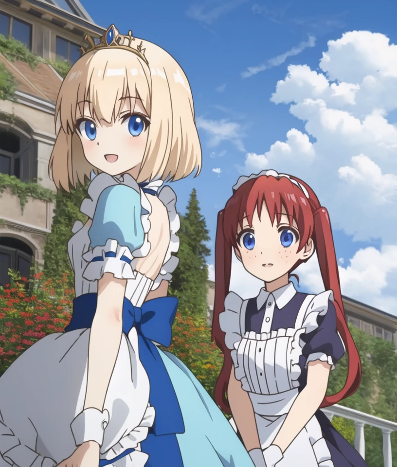 Anne, Mia, 2girls, blue blouse, tiara, maid apron, maid headdress, smile, sky, open mouth, tiara, outdoors, gloves, cloud, blush
BREAK
Mia, pointing at viewer
BREAK
Anne, freckles
<lora:tearmoon_ep01_lohad8_attn-mlp:0.95>