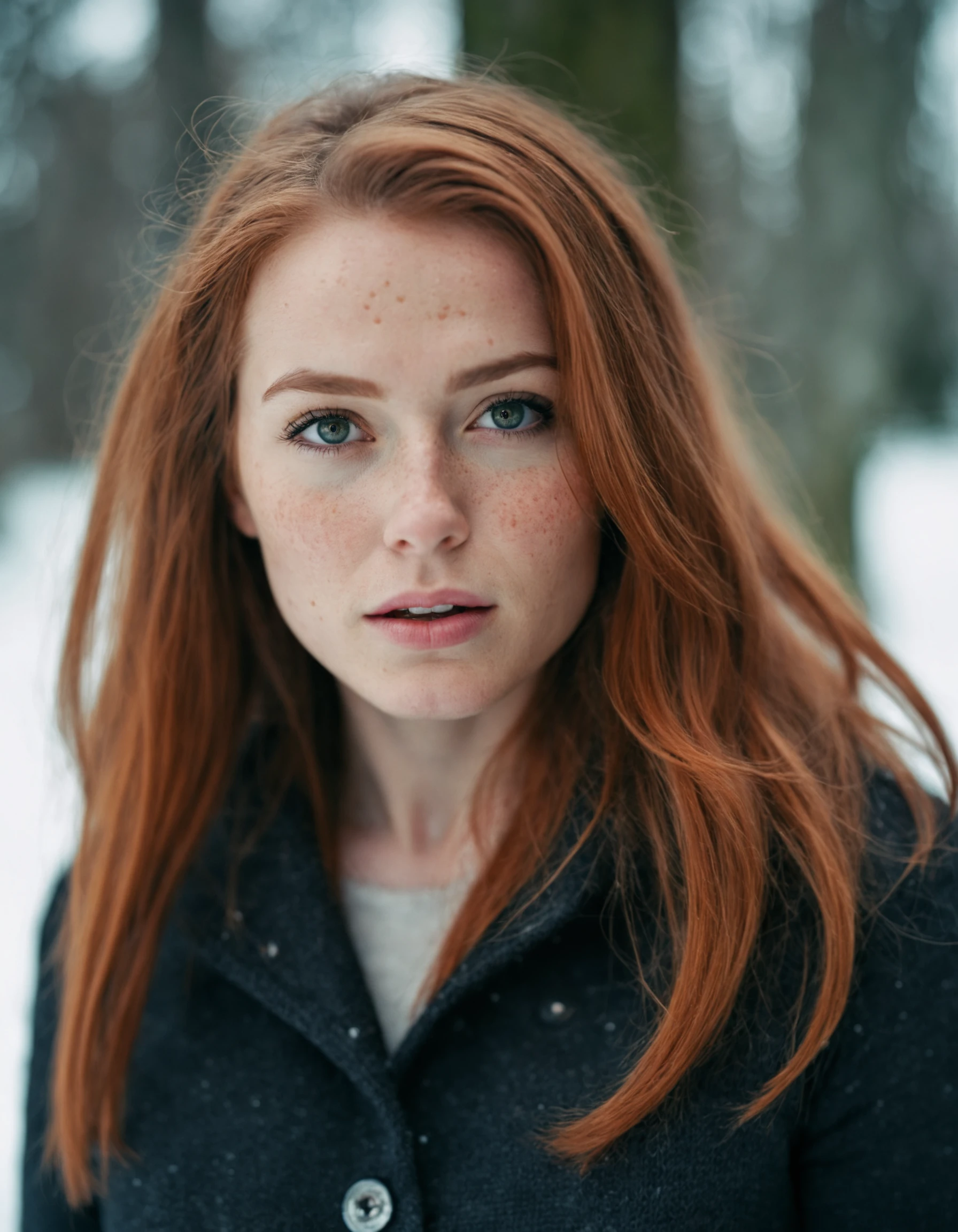 cinematic photo (art by Mathias Goeritz:0.9) , photograph, Lush Girlfriend, Tax collector, Rich ginger hair, Winter, tilt shift, Horror, specular lighting, film grain, Samsung Galaxy, F/5, (cinematic still:1.2), freckles . 35mm photograph, film, bokeh, professional, 4k, highly detailed