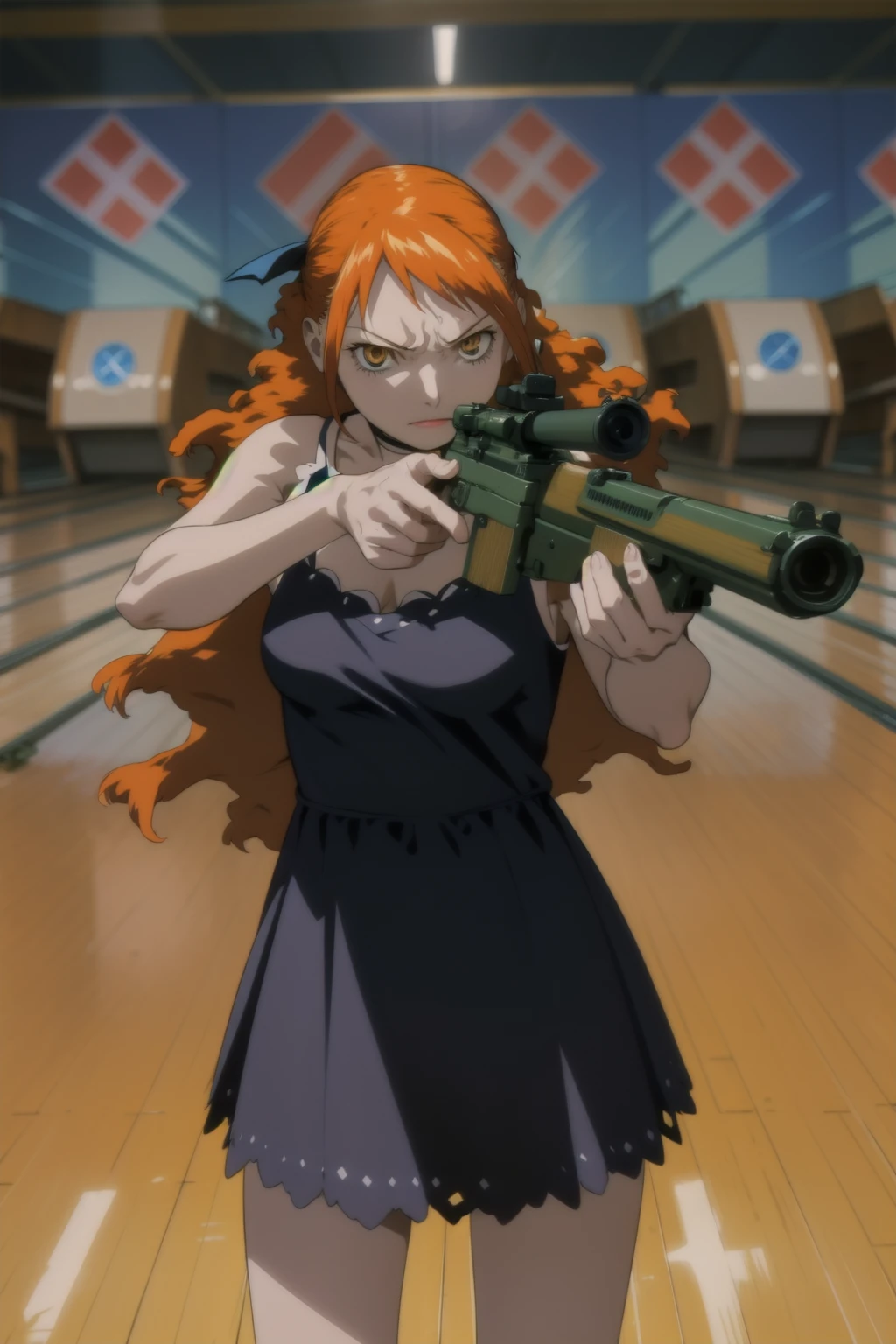 <lora:momomi-000038:1>, momomi, 
sleeveless dress, glaring, shotgun, holding weapon, aiming at viewer,
1girl, solo, cowboy shot, bowling alley