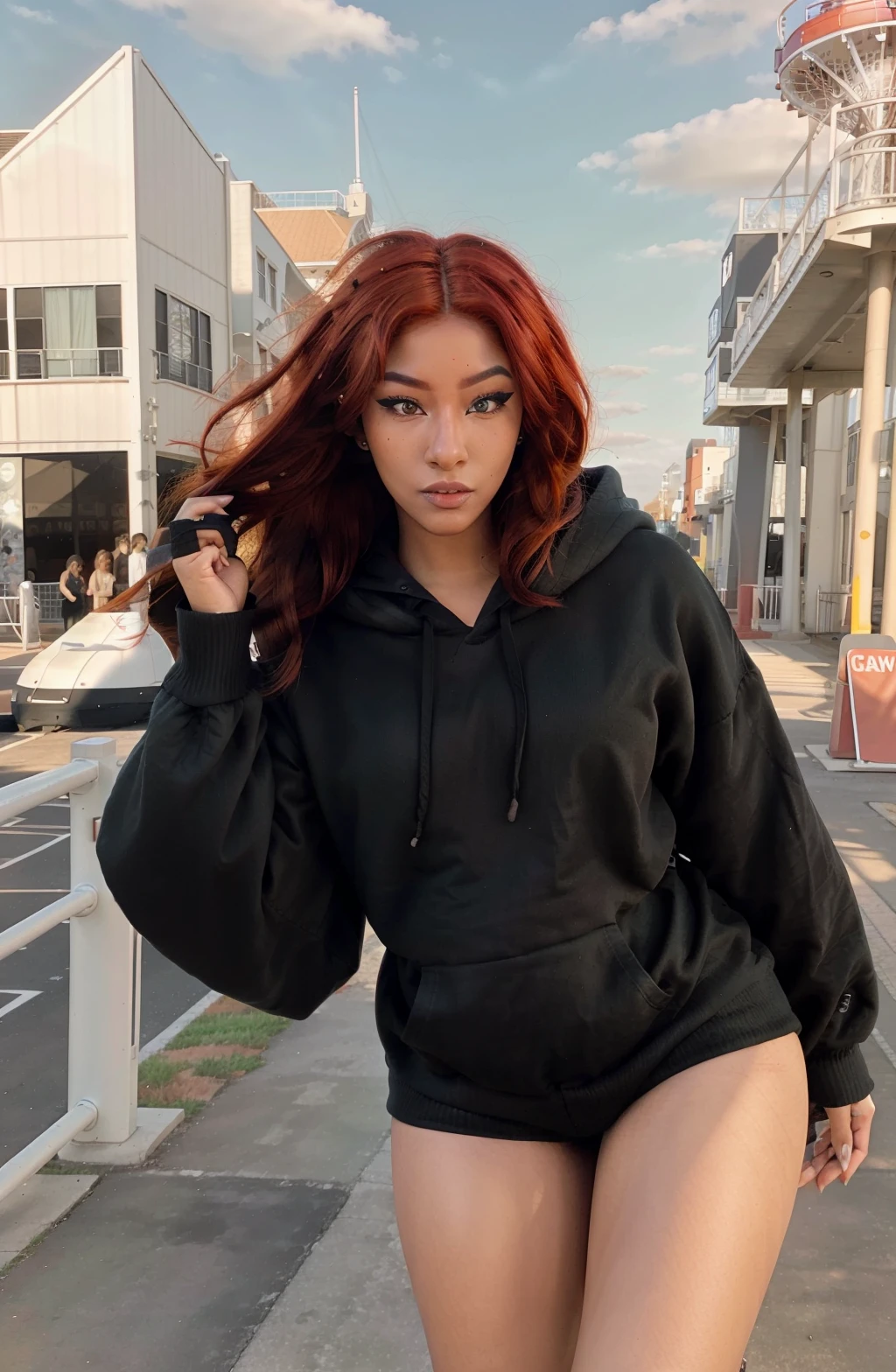 uniquesora, 1girl, waist up, red hair, makeup+eyeliner, thick eyebrows, eyeliner, dark-skinned female, very dark skin, facing_viewer, detailed face+black eyes:1.3, closed mouth, wearing pullover hoodie outdoors, background: myrtle beack board walk with a Ferris wheel, <lora:Unique-sora:1>
