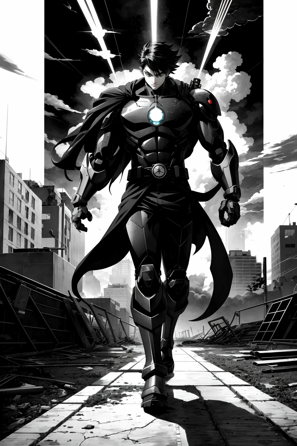 <lora:dibman_v1:1>
Create a hand-drawn manga-style in dibman japanese anime style featuring a determined young hero standing atop a crumbling skyscraper in a post-apocalyptic cityscape. Behind them, ominous storm clouds gather, while in the foreground, fierce robotic adversaries loom. The hero wields a powerful, glowing sword, ready to embark on an epic battle for survival. Capture the intensity and emotion of this dramatic scene in your manga-style artwork with pencils on the table and a hand finishing the drawing on a paper