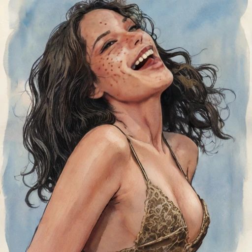 1girl, age 25, caucasian, pearly skin, freckles, small green eyes, high forehead, ginger wavy hair, wild hair, oval face, cute, highly detailed, sharp focus, stunningly beautiful, looking at camera, smile, sultry look, makeup, masterpiece, nude, <lora:milo_manara_v6:1> Milo Manara