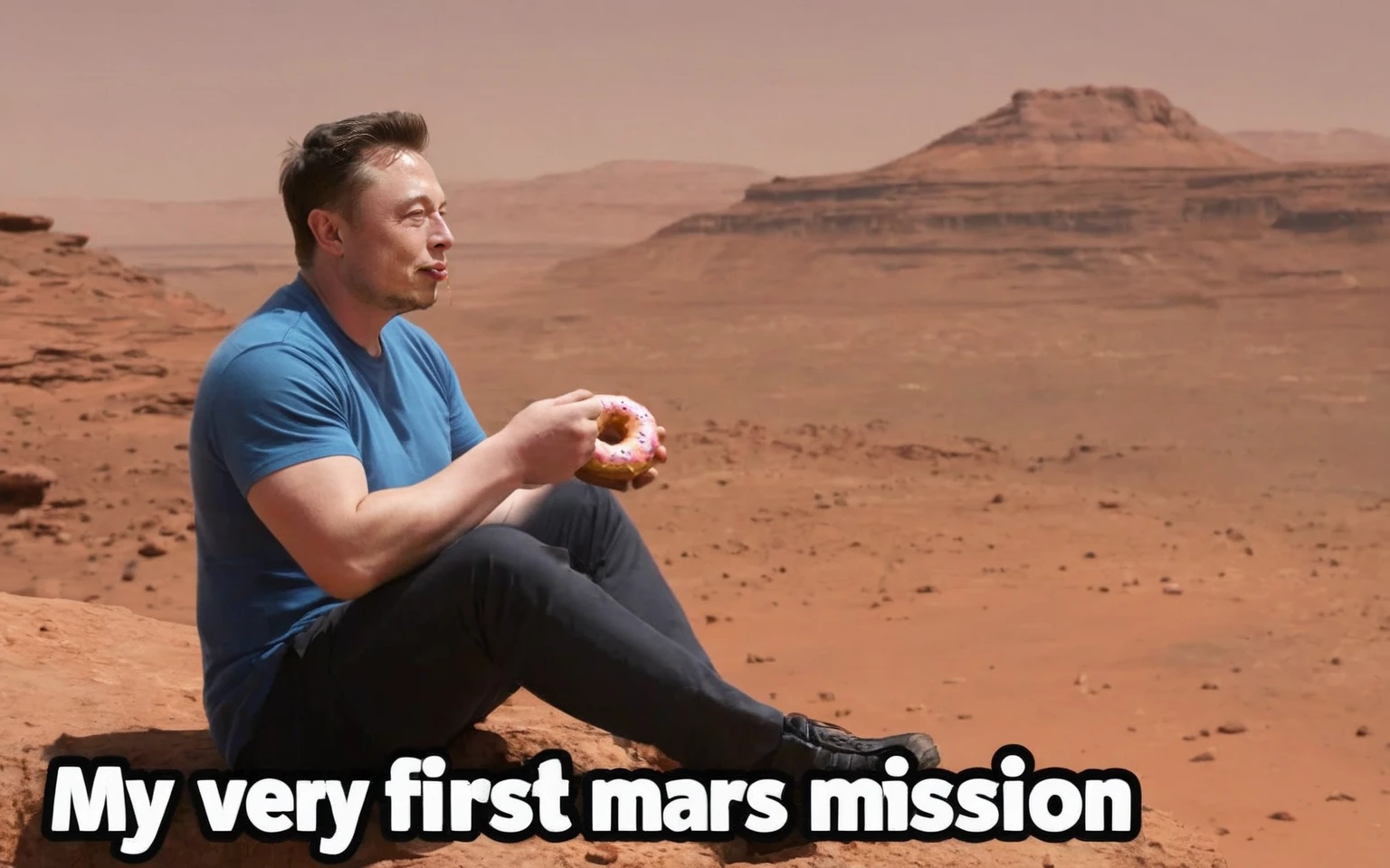 a photo of elon musk, sitting on a rock on planet mars, eating a donut, (text: "My very first mars mission":1.4)