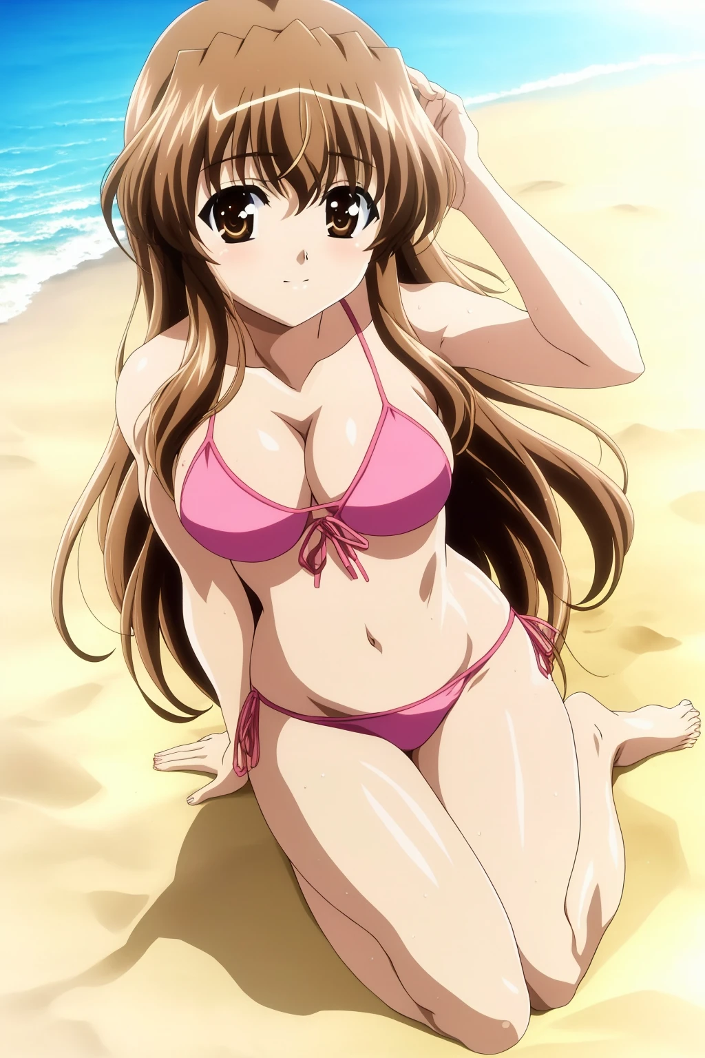 haruka, 1girl, solo, long_hair, breasts, looking_at_viewer, closed_mouth, large_breasts, brown_hair, brown_eyes, medium_breasts, bikini, outdoors, kneeling, barefoot, day, feet, legs, pink_bikini, toes, beach, towel, sand, looking_up