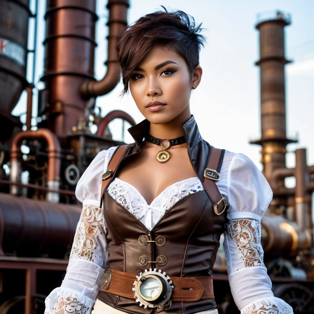 (Zoomed in close-up face portrait:1.5) photo of a frowning 25 year old Thai woman with (Blue eyes), dark skin, Pixie Cut natural (brown hair:1.3). She is young, athletic with (small breasts:1.3), (perfect hands).
She is wearing White lace cropped jacket and leggings, (pistol holster:1.3), (steampunk belt with gadgets:1.3), high heel boots. She is standing in front of a mechanic shop seductively posing in a (steampunk factory:1.5), buildings, smokestacks, steam pipes, and (clockwork machines:1.3) in the background. (Steampunk style:1.5). Outside, sunset, sunny, detailed skin texture, detailed cloth texture, beautiful detailed perfect face, intricate sharp details, ultra high res.