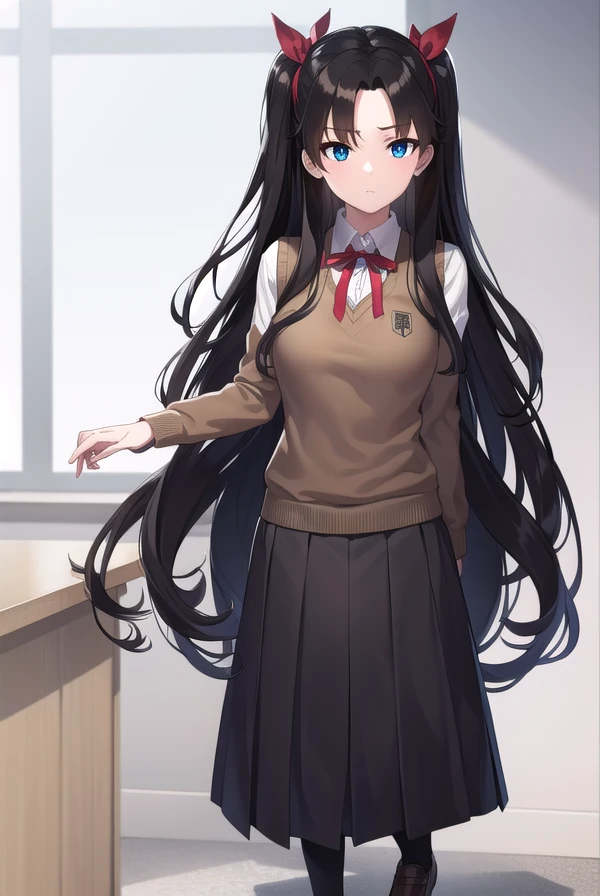rintohsaka, <lora:rintohsaka-lora-nochekaiser:1>,
rin tohsaka, aqua eyes, (black hair:1.5), hair ribbon, long hair, ribbon, sidelocks, two side up, (parted bangs:1.5),
BREAK (brown sweater vest:1.2), collared shirt, homurahara academy school uniform, neck ribbon, red ribbon, ribbon, school uniform, shirt, sweater vest, white shirt,
BREAK indoors, classroom,
BREAK looking at viewer, cowboy shot, (full body:1.5),
BREAK <lyco:GoodHands-beta2:1>, (masterpiece:1.2), best quality, high resolution, unity 8k wallpaper, (illustration:0.8), (beautiful detailed eyes:1.6), extremely detailed face, perfect lighting, extremely detailed CG, (perfect hands, perfect anatomy),