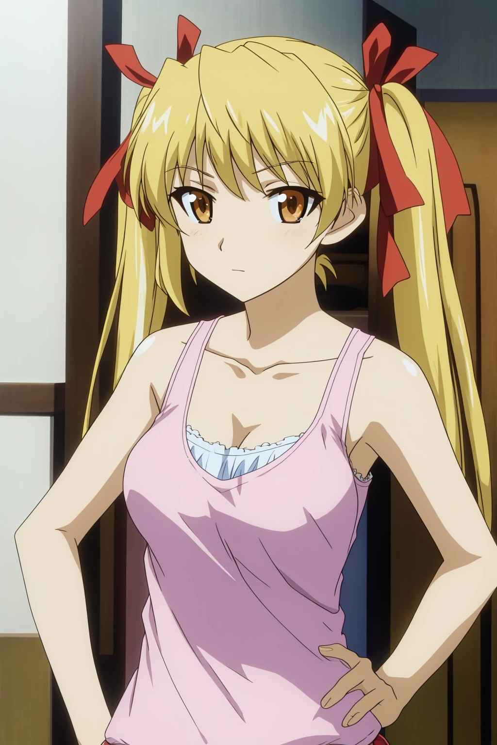 eri, 1girl, solo, long_hair, breasts, looking_at_viewer, blonde_hair, ribbon, cleavage, bare_shoulders, twintails, brown_eyes, medium_breasts, collarbone, hair_ribbon, yellow_eyes, indoors, orange_eyes, hand_on_hip, tank_top, camisole, tray, jitome, hands_on_hips