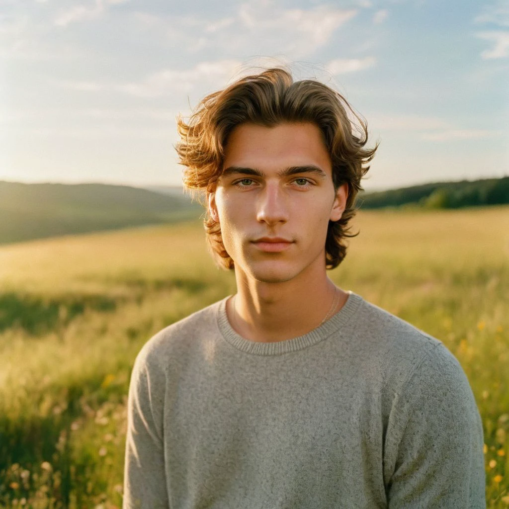 film photography style a handsome young man looking at camera in a meadow at golden hour with fluffy clouds in the background, portrait, <lora:FILM_PHOTOGRAPHY_STYLE-000017:1>