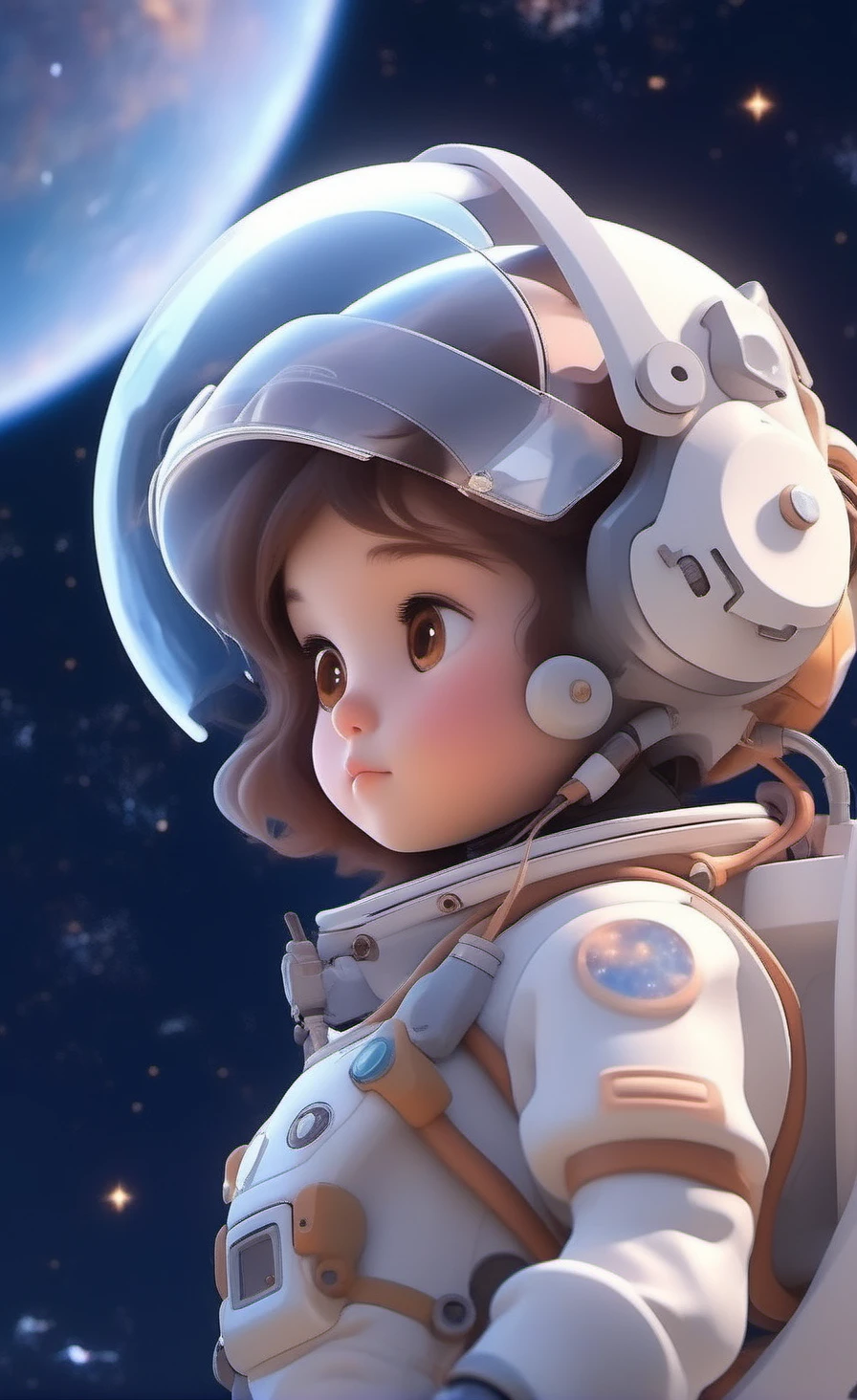 uma astronauta usando um traje espacial branco, com detalhes em rosa . Ela tem olhos curiosos e brilhantes, that convey incredible determination and enthusiasm. Her hair is short and brown, e ela usa um capacete de astronauta transparente que revela seu sorriso contagiante. She's floating gently in space, Ao fundo, podemos ver estrelas brilhantes e o planeta Terra, Creating a magical and inspiring environment.
