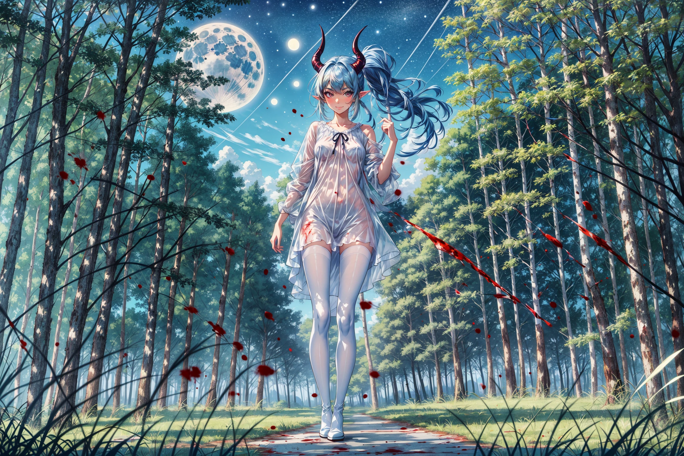 masterpiece, best quality, full body 1girl,  (hard shadows, deep contrast), long hair, demon horns, ponytail,  blue hair, red eyes,see-through nightgown, covered nipples, small breasts, black pantyhose, blood on clothes, dress, bangs, shirt, shoes, frills, pantyhose,black knee boots, standing, hair between eyes,  pointy ears, jacket, closed mouth, blood on hands, forest road background, grass, night, full moon, style by ilya kuvshinov,  <lora:add_detail:0.7>