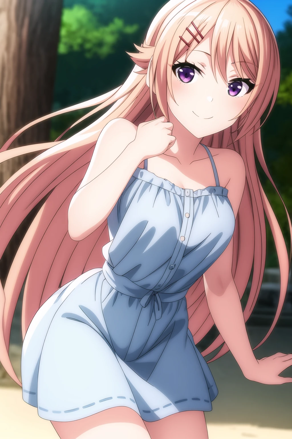 1girl, eyebrows visible through hair, blonde hair, hair ornament, hairclip, long hair, looking at viewer, violet eyes, smile, solo, dress, casual, shion_kujo, <lora:add_detail:0.7>