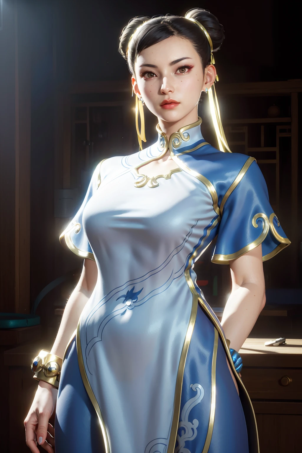 realistic, realism, photorealism, photo-realistic, high contrast, (photorealistic:1.4), 8k high definition detailed realistic, (best quality, masterpiece:1.2),  photon mapping, radiosity, physically-based rendering, best quality, highly detailed, 1girl, sfchunli, indoor, room light,  standing,