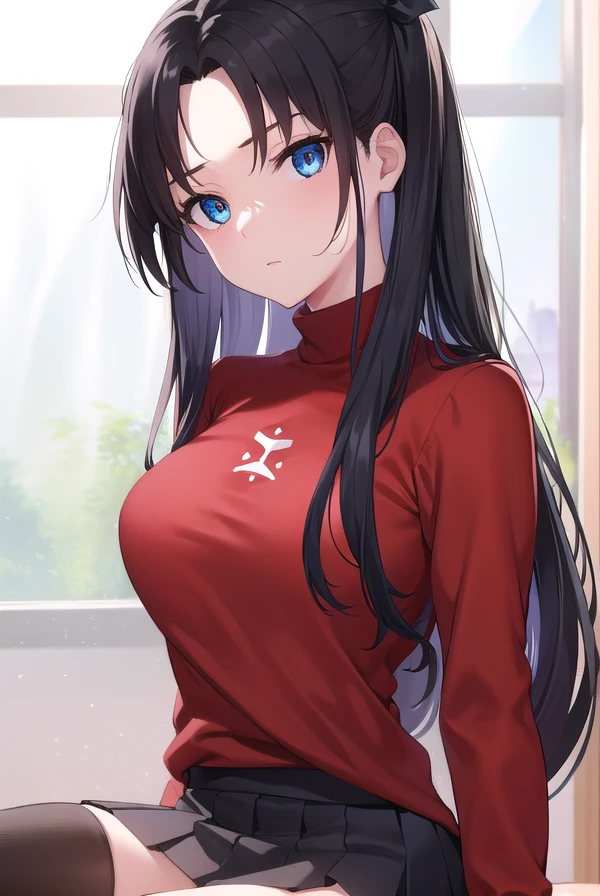 rintohsaka, <lora:rintohsaka-lora-nochekaiser:1>, 
rin tohsaka, aqua eyes, (black hair:1.5), hair ribbon, long hair, ribbon, sidelocks, two side up, (parted bangs:1.5),
BREAK black skirt, black thighhighs, long sleeves, miniskirt, pleated skirt, (red sweater:1.5), skirt, sweater, thighhighs, turtleneck,
BREAK indoors, classroom,
BREAK looking at viewer, full body,
BREAK <lyco:GoodHands-beta2:1>, (masterpiece:1.2), best quality, high resolution, unity 8k wallpaper, (illustration:0.8), (beautiful detailed eyes:1.6), extremely detailed face, perfect lighting, extremely detailed CG, (perfect hands, perfect anatomy),