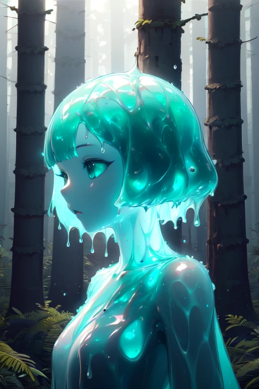 1girl, <lora:MintSlimeSkin3:.8>, mintslimeskin , luminescent translucent body ,
portrait, upper body,in a forest ,
bob cut,