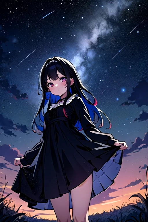 masterpiece, 4k, high quality, highly detailed, detailed face, HDR, vivid colors, natural lighting, amazing background, meadow, nature, night sky, star \(sky\), 1girl, dress, + +, from below