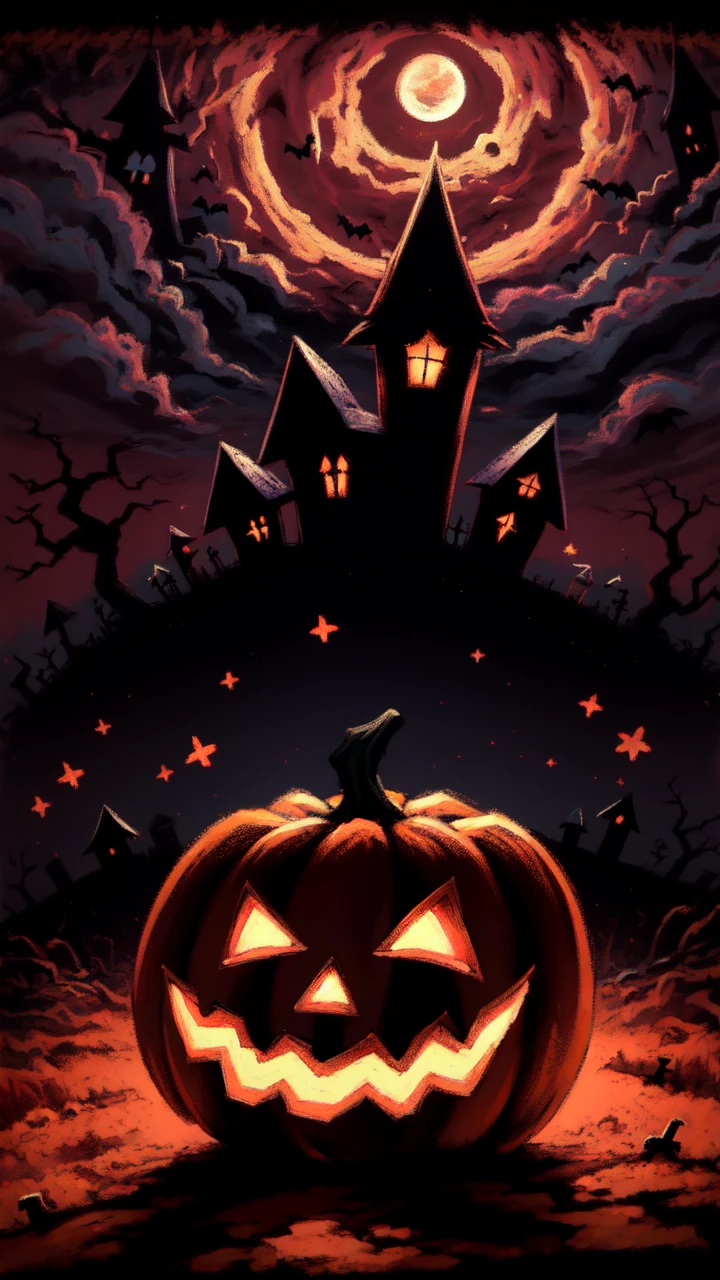 (masterpiece, best quality:1.15), no humans, magic, halloween, jack-o'-lantern, spooky, dark, night, full moon, moon, orange sky, building