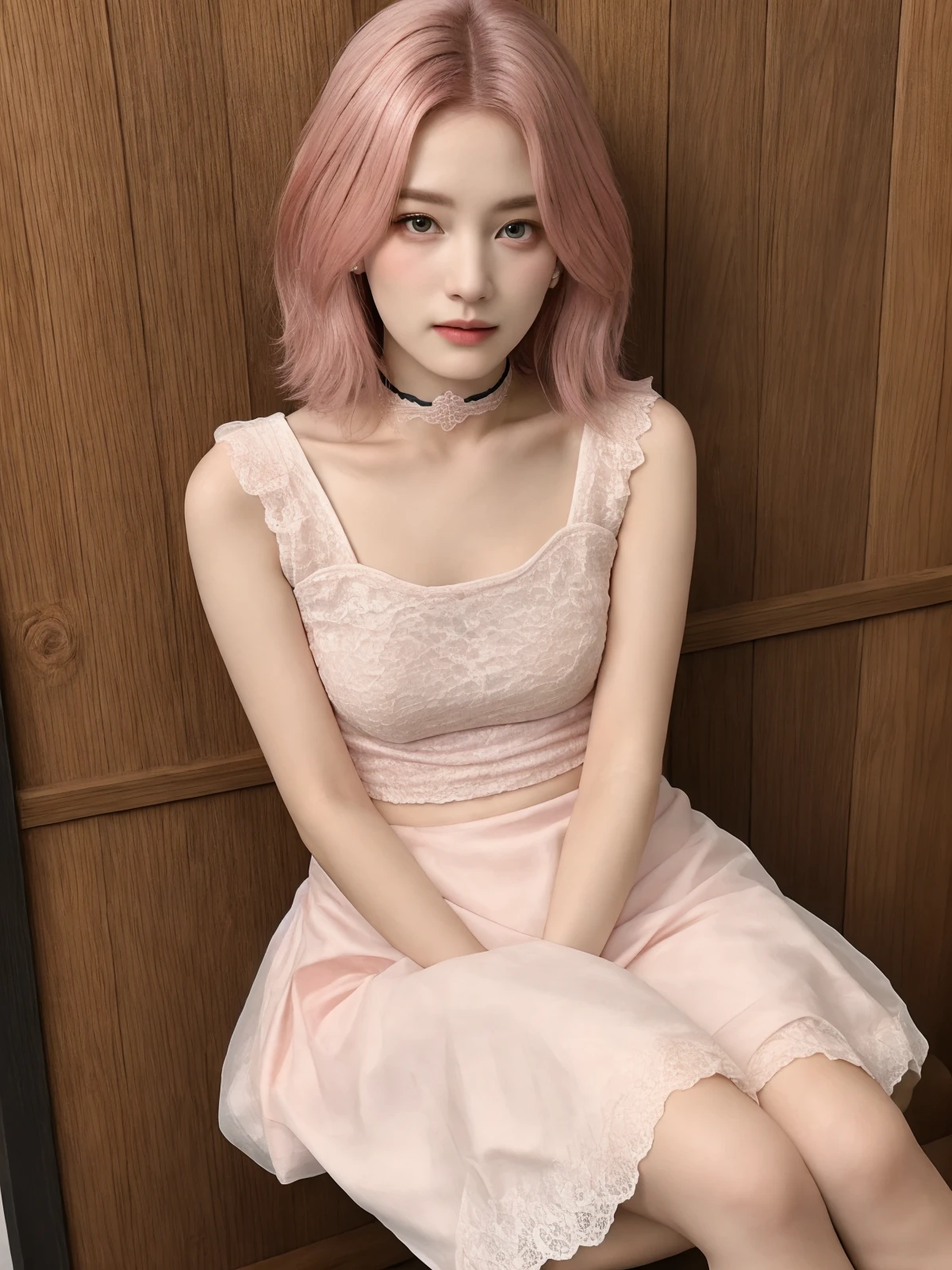masterpiece, best quality, 1girl, solo, choker, slim, simple background, pink hair,blush,lace , makeup, sitting,
 <lora:llz_v1-000009:0.72>