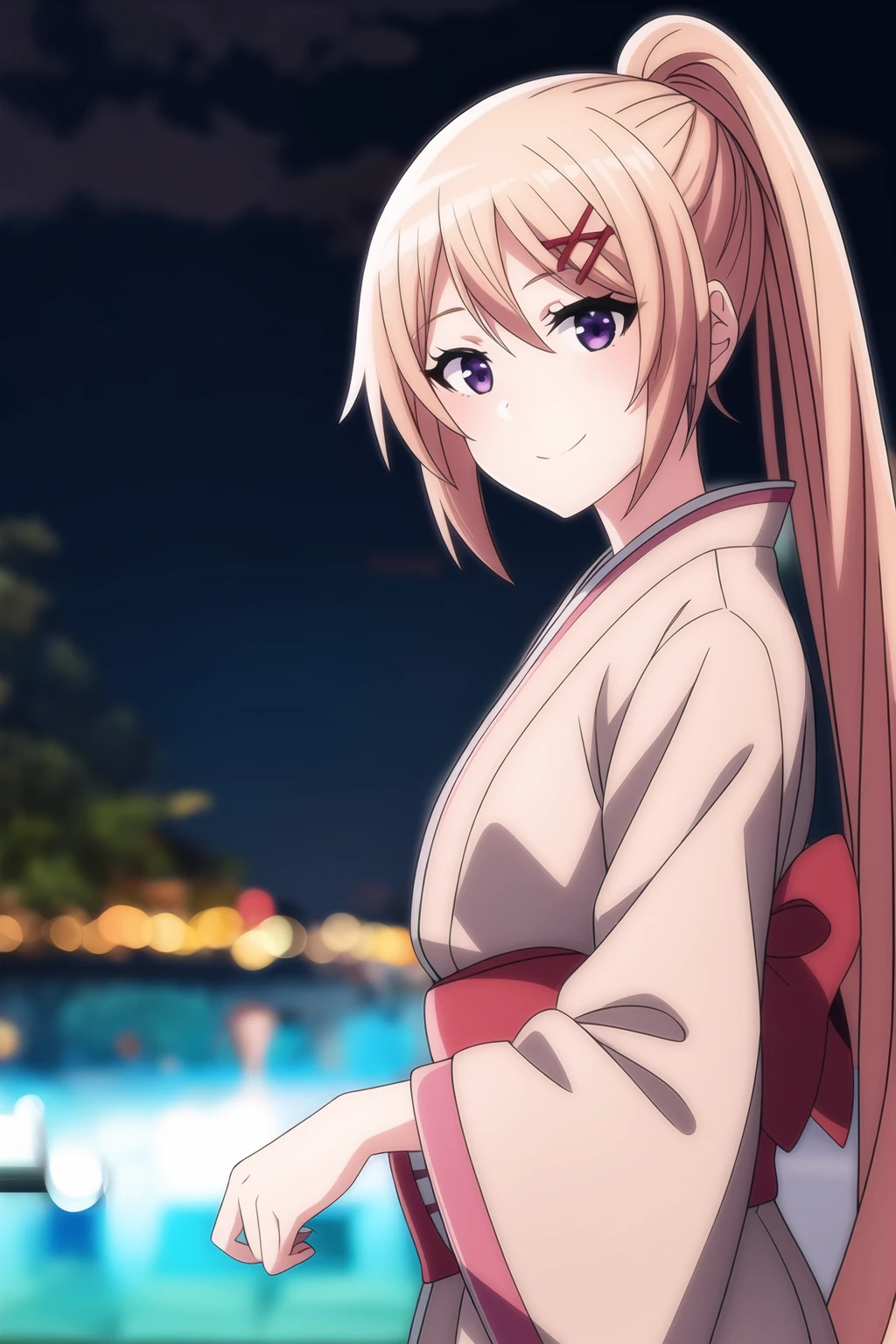 1girl, eyebrows visible through hair, blonde hair, hair ornament, hairclip, long hair, looking at viewer, violet eyes, smile, solo, kimono, japanese clothes, lights, night, festival background, shion_kujo, <lora:add_detail:0.7>