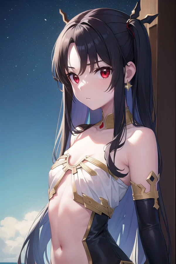 ishtar, <lora:ishtar-lora-nochekaiser:1>, 
ishtar, ahoge, black bow, bow, black hair, earrings, hair bow, hair ornament, jewelry, long hair, (red eyes:1.5), (parted bangs:1.5), (small breast:1.2),
BREAK bare shoulders, elbow gloves, fingerless gloves, gloves, long sleeves, revealing clothes, single elbow glove, thighs,
BREAK outdoors, space, star \(sky\), sky,
BREAK looking at viewer, cowboy shot,
BREAK <lyco:GoodHands-beta2:1>, (masterpiece:1.2), best quality, high resolution, unity 8k wallpaper, (illustration:0.8), (beautiful detailed eyes:1.6), extremely detailed face, perfect lighting, extremely detailed CG, (perfect hands, perfect anatomy),