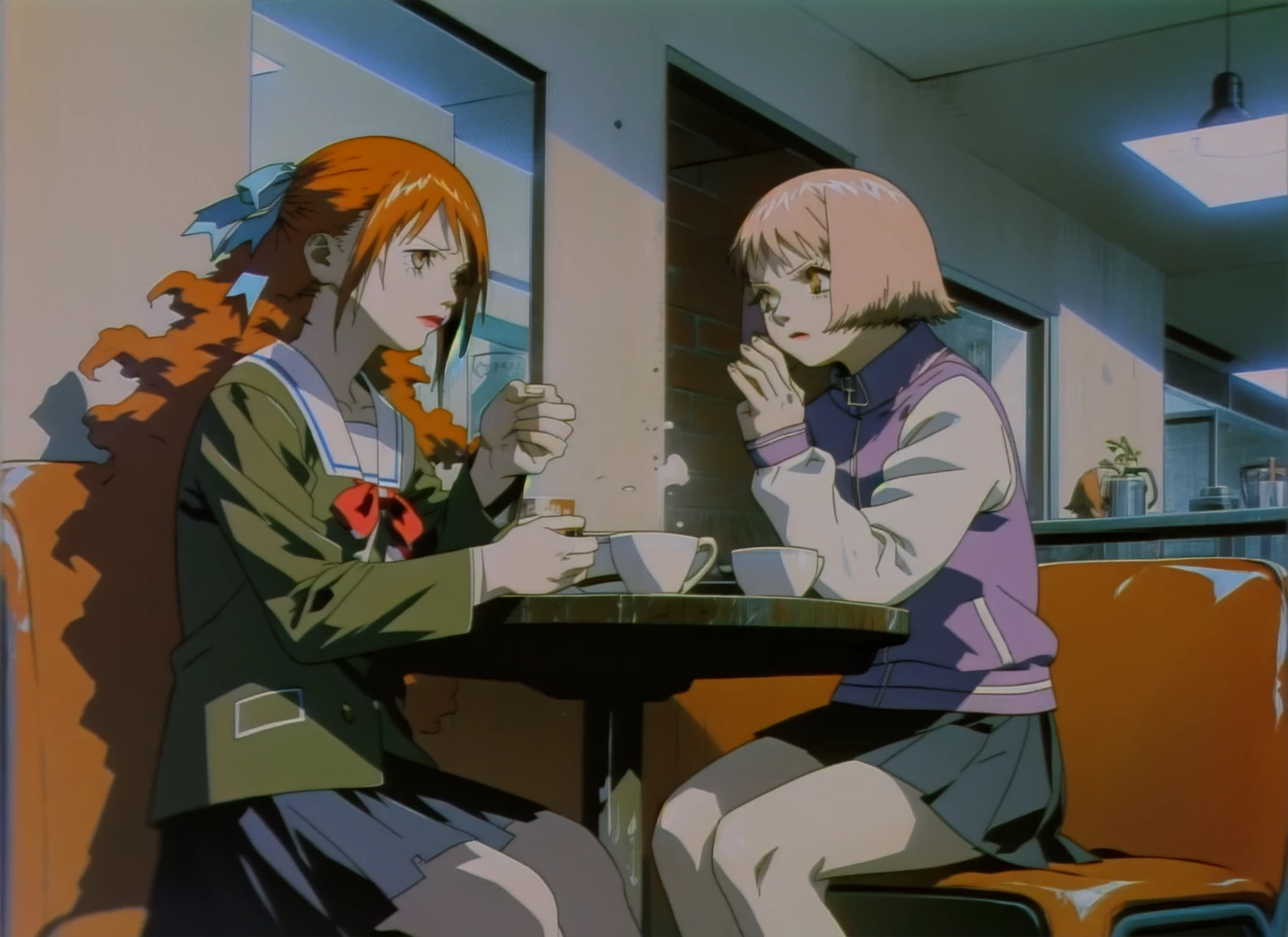 2girls, cafe, sitting, facing another, glaring
BREAK
<lora:momomi-000038:1>, momomi,
serafuku, green shirt, skirt
BREAK
<lora:mikuraova-000013:1>, mikuraova
letterman jacket, skirt