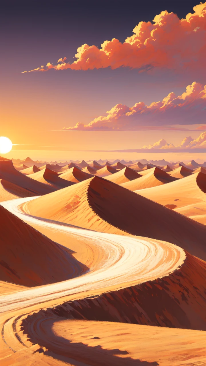 (masterpiece, best quality:1.1), no humans, outdoors, sand dunes, desert, wind, sand, sun, vast, dry, undulating, arid landscape, blowing sand, camel caravan, mirage, heat haze, desert rose