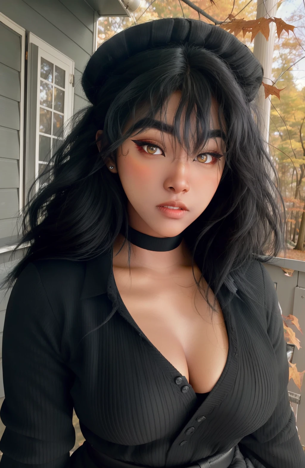 uniquesora, 1girl, waist up, black hair, makeup+eyeliner, thick eyebrows, eyeliner, dark-skinned female, very dark skin, facing_viewer, detailed face+black eyes:1.3, closed mouth, wearing a ribbed sweater, outdoors, background: American autumn forest and falling leaves, <lora:Unique-sora:1>