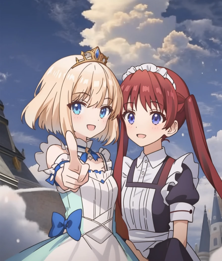Anne, Mia, 2girls, blue blouse, tiara, maid apron, maid headdress, smile, sky, open mouth, tiara, outdoors, gloves, cloud, blush, screenshots, castle, detailed background,
BREAK
Mia, pointing at viewer, cloud
BREAK
Anne, maid apron
<lora:tearmoon_ep01_lohad8_attn-mlp:0.95>