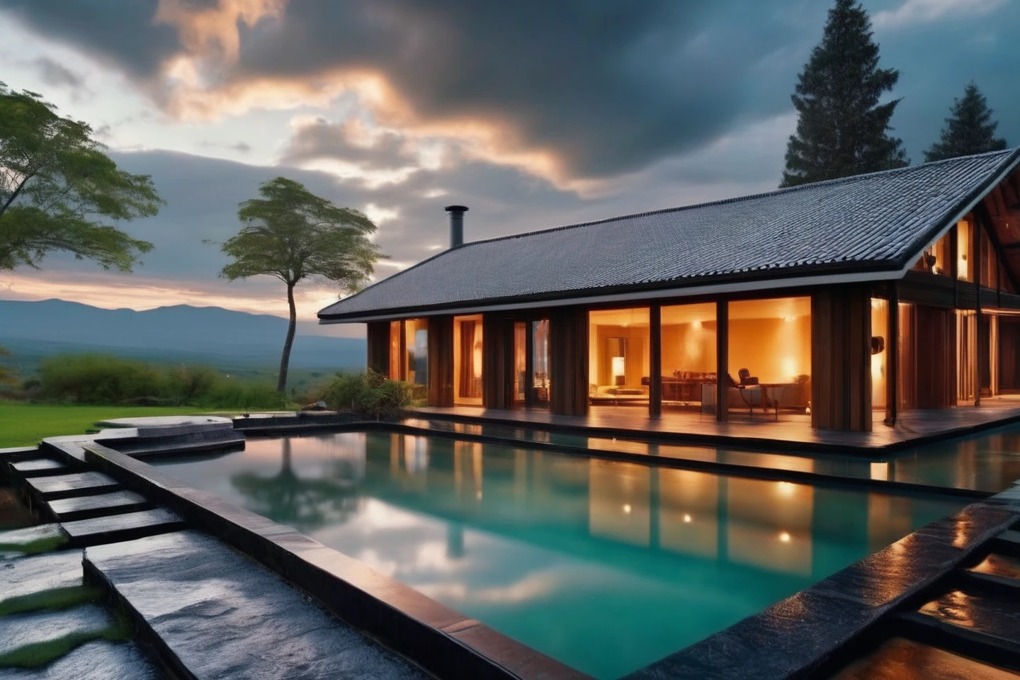 Unparalleled masterpiece, (photorealistic:1.4), best quality, beautiful lighting, (hot spring), (extremely detailed 8k wallpaper), full shot landscape photo of the most beautiful artwork in the world, cloudy sky background lush landscape house and trees illustration concept art